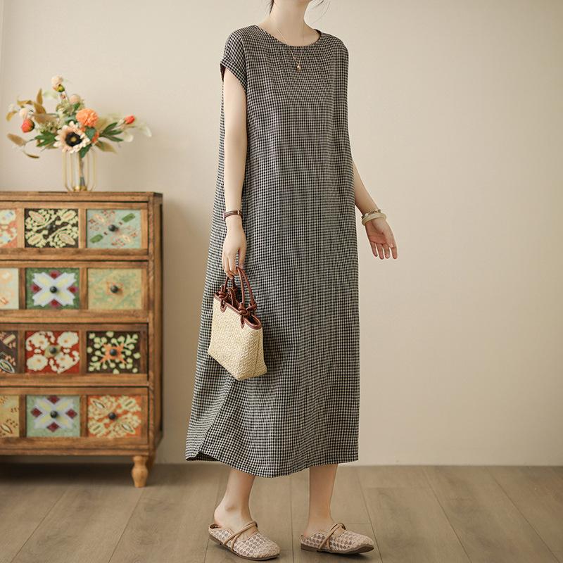 

Summer Dress Fashiona Cotton Linen Checkered Artistic Loose and Casual Mid Long Length Dresses Women s Clothing M чорний