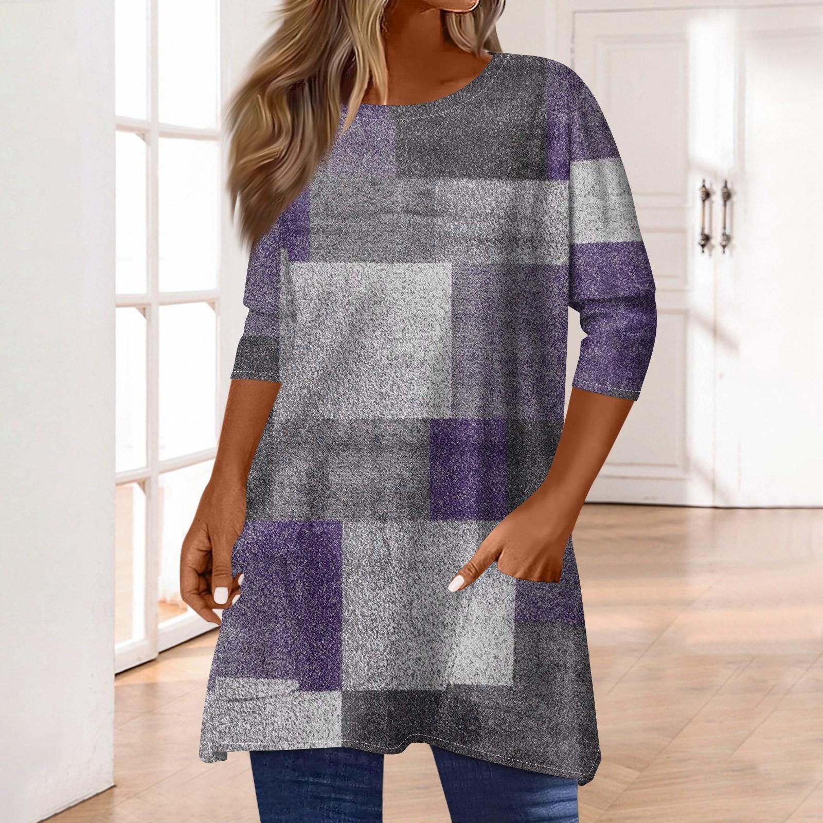 

Топы с рукавами 3/4 для женщин, футболка, повседневные топы с принтом, футболка, пуловер с круглым вырезом, блузка XL фиолетовый