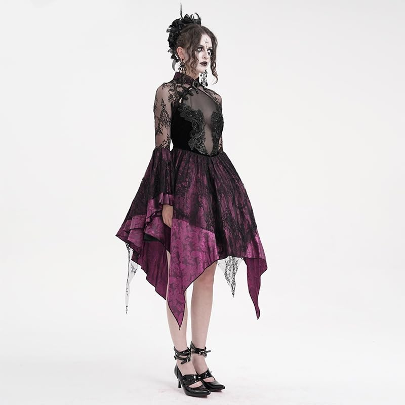 Gothic Lace Sheer Dress with Chinese Collar and Back Lace-Up, Irregular Hem, Perfect for Halloween Cosplay (JP, Alphabet, Small)