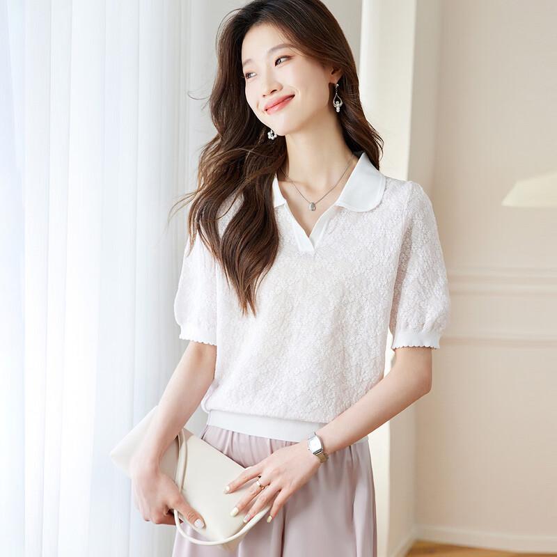 Srcr Women's Jacquard Polo Knit Top with Mulberry Silk