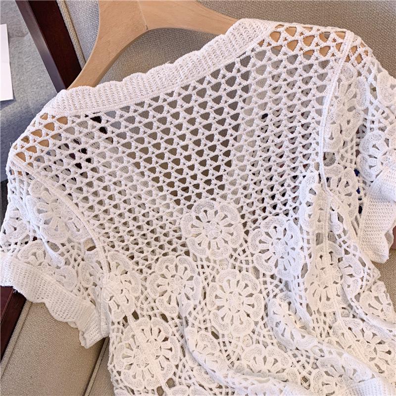 Women's French V-Neck Crochet Knit Cardigan - Chic Summer Fashion, Slimming Loose Fit, Versatile Top