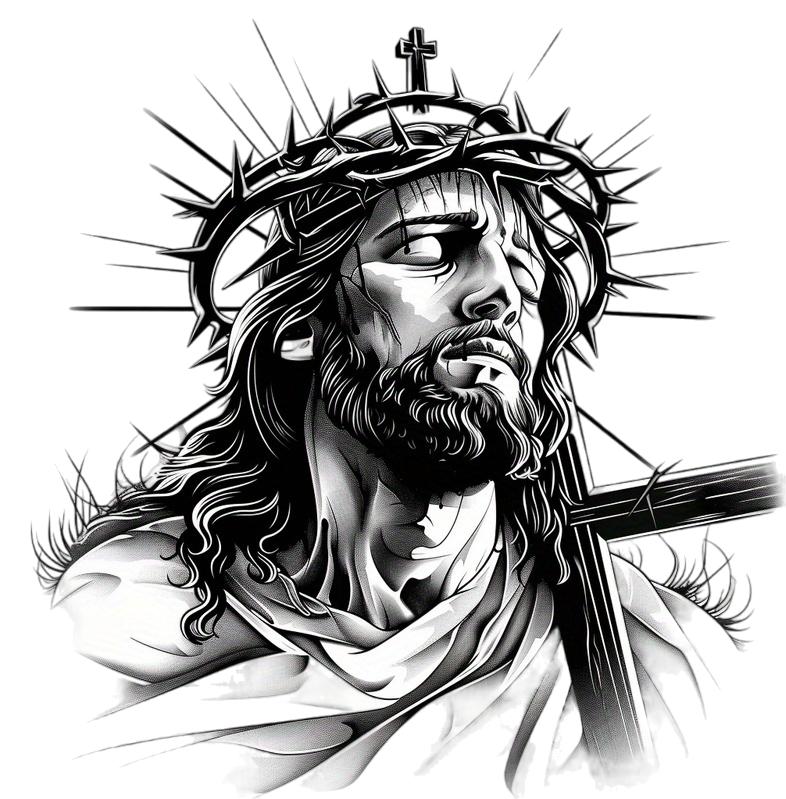 Black T Shirt Jesus Christ Crown of Thorns Religious Art Print for Men and Women Casual Wear Streetwear Fashion