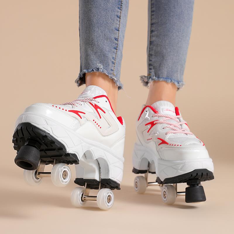 Teenagers /Boys/Girls Shapeshifting Shoes Four-wheel Dual-use Roller Skates Double Row Walking Shoes Roller Skates