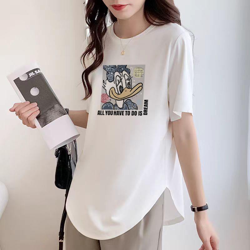 White Short-sleeved T-shirt for Women's Summer New Curved Hem Loose Solid Color Half-sleeved Stylish Unique Top