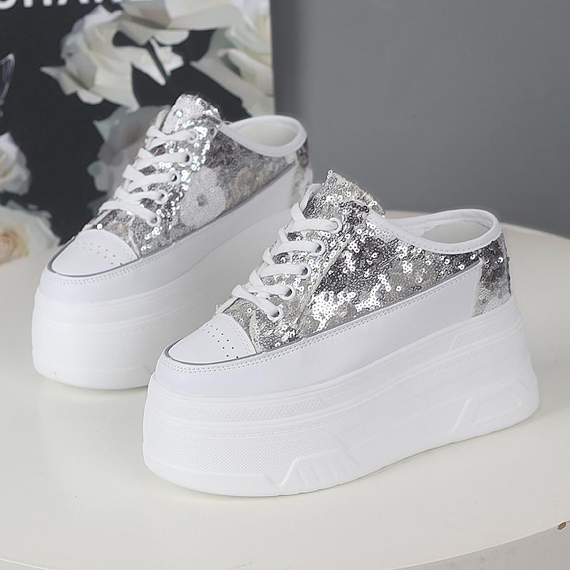 Fashion 12CM Platform Slippers Wedge Shoes Women Summer Platform High Sequined Slipper Air Mesh Breathable Women Summer Shoes
