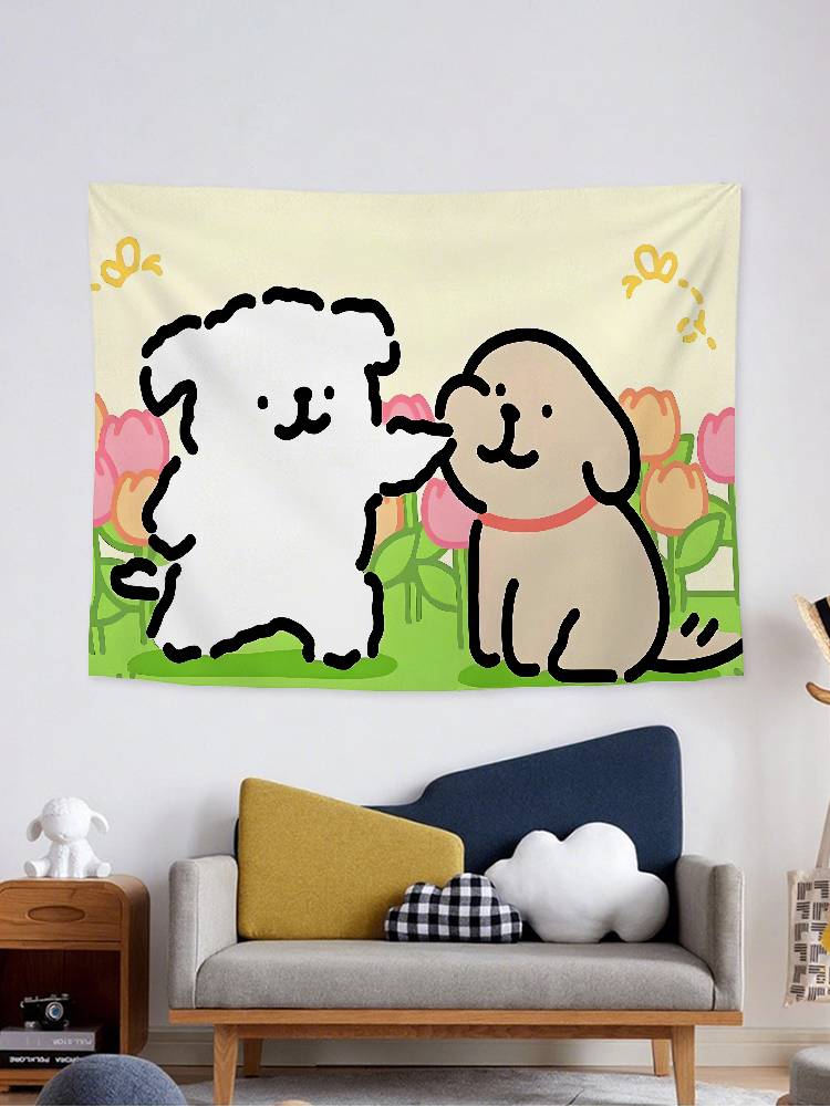 Cute Line Puppy Tapestry Wall Hanging Tapestry Art Deco Blanket Curtain Hanging At Home Bedroom Living Room Decor