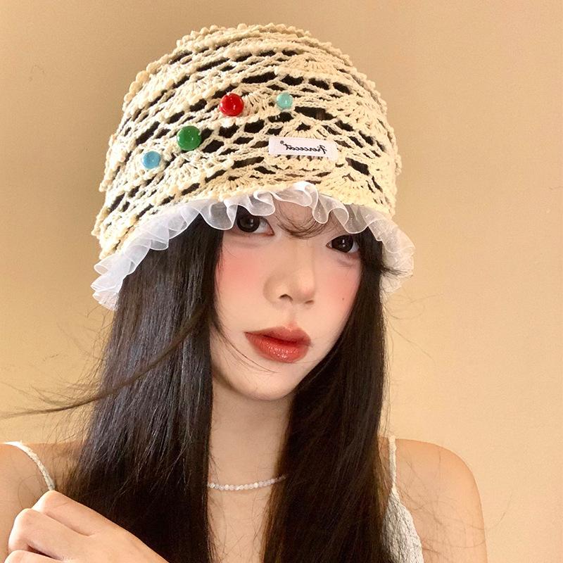 

Цветные бусины кружевной край ажурная шляпа женская летняя тонкая дышащая маленькая вязаная шапочка average size