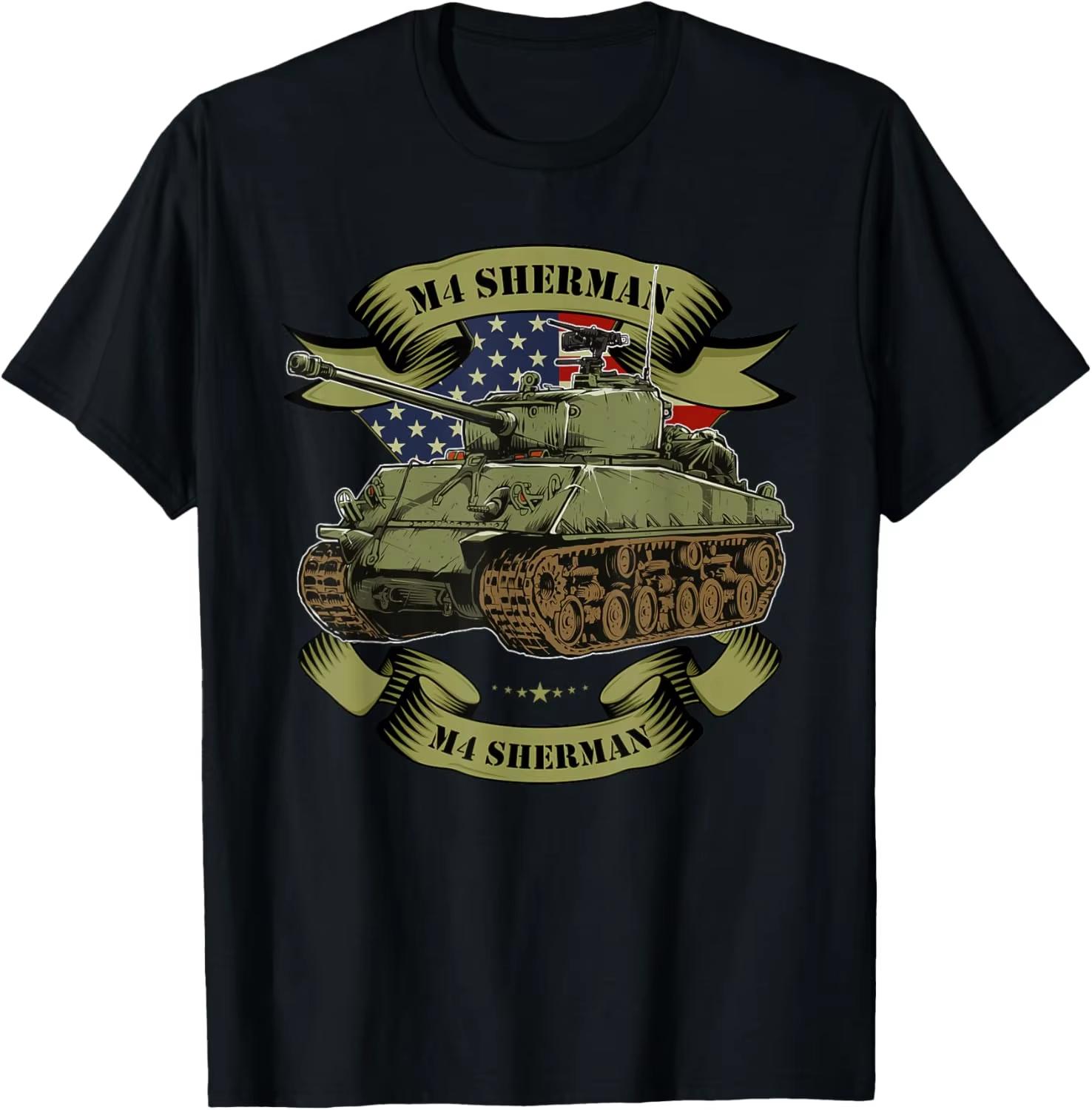 US Army M4 Sherman Tank Graphic Crew Neck Short Sleeve, Men s Summer Casual Streetwear T-shirt 4XL