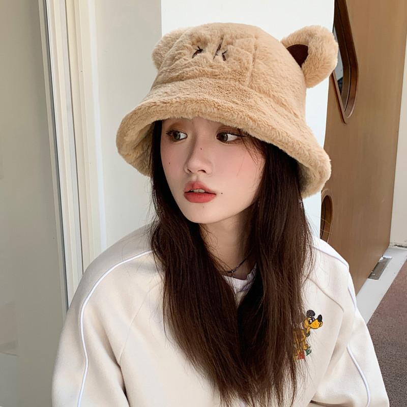 Ok Ear Bear Letter Embroidery Plush Fisherman Hat Bucket Cap Protection Sun