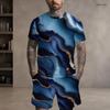 Men Plus Size Round Neck Short Sleeve Cyan Colorful Striped Printed T Shirt And Pocket Shorts Two Piece Set