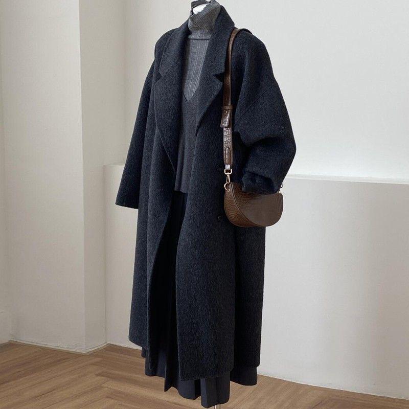 Women's Mid-Length Double-Sided Cashmere Coat - 2026 Autumn/Winter Korean Style, Loose Fit, Lazy Chic Wool Coat.