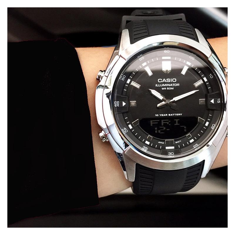 Casio Waterproof Chronograph Automatic Calendar Quartz Movement Resin Strap Japanese and Korean Watch Men's Watch Black Dial AMW-840-1AVDF