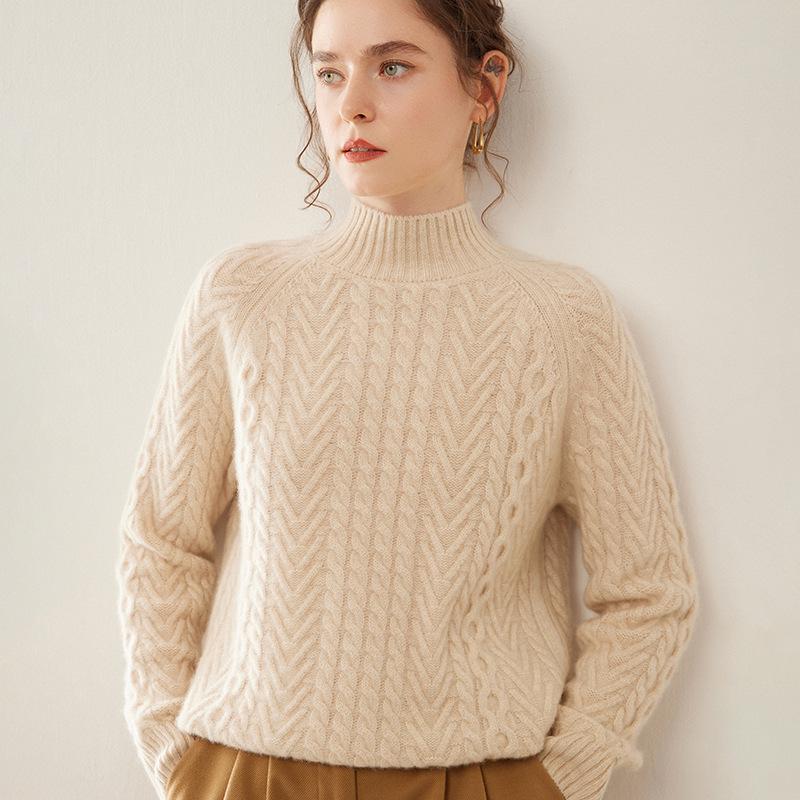 Women's Cashmere Jacquard Sweater: Thick, Heavyweight Three-Strand Knit, Half-High Collar, Loose Fit, Long Sleeve Pullover for Autumn/Winter.