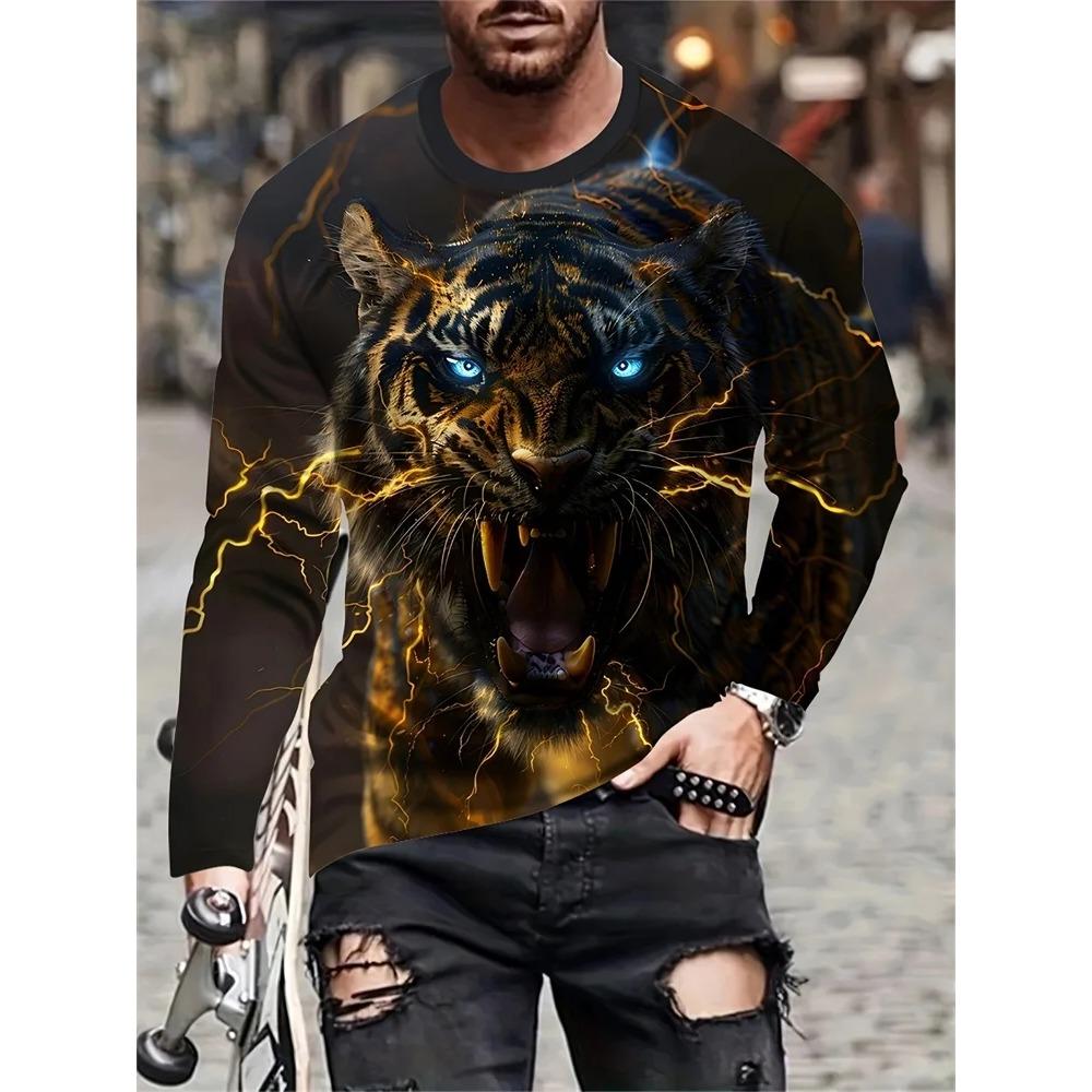 Spring and Autumn Round Neck Animal Pattern 3D Printed Top Fashionable Casual Long Sleeved Men's T-shirts