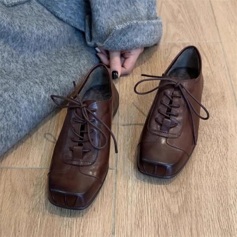 

Женские туфли-лоферы из натуральной кожи, ретро, квадратный носок, на шнуровке, черные, коричневые, с мягкой подошвой, британский стиль 35 коричневый