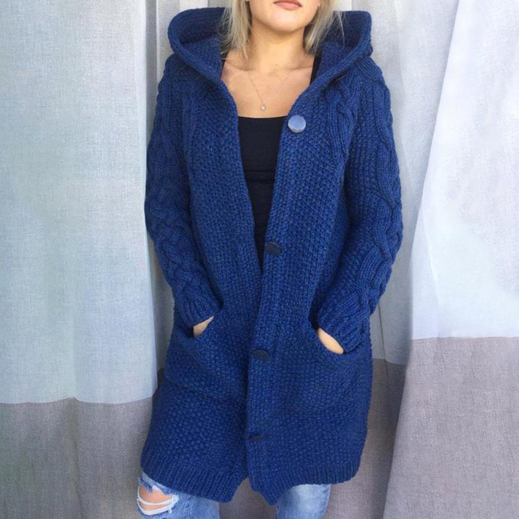 Women Hood Cardigan Large Size Sweater Pocket Single Breasted Long Sleeves Coat