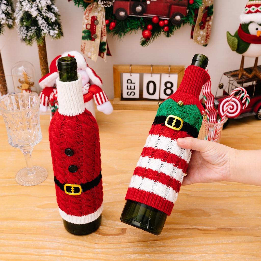 Cozy Knit Red Wine Bottle Sleeve With Striped Elf Design For Christmas Celebration