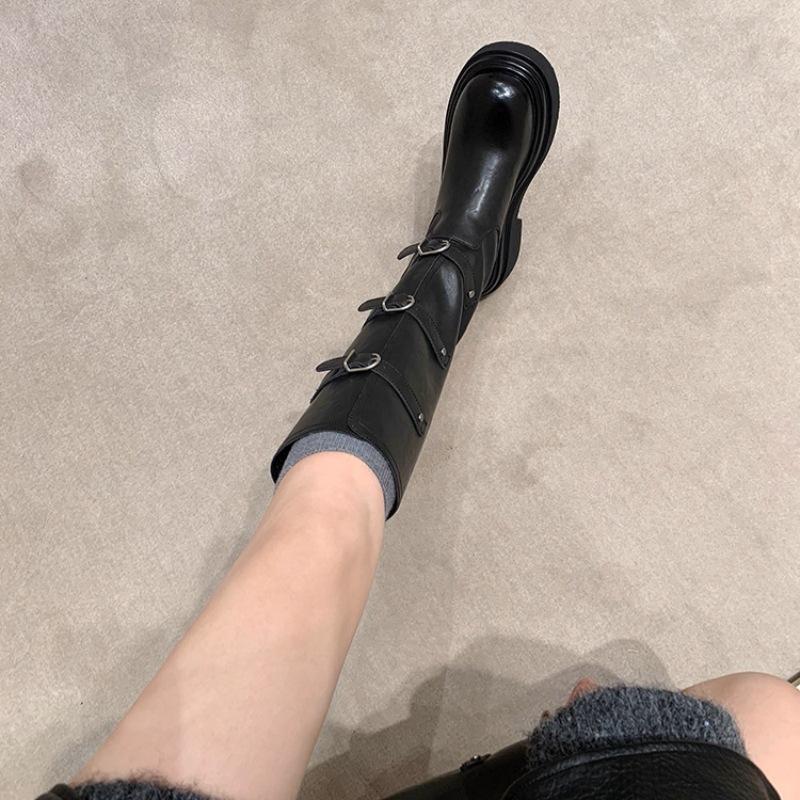 Su Yinyin same supermodel boots~ 6cm thick-soled high tube belt buckle boots knight boots retro thick heel women's boots autumn and winter