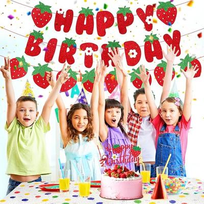 Birthday Decorations Glitter Strawberry Cupcake Toppers Birthday Banner Cake Decorations for Party Atmosphere
