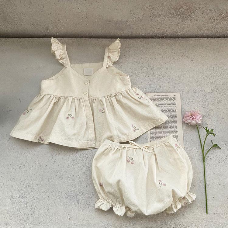Girls' Embroidered Ruffle Strap Dress & Bloomers - Baby Summer Outfit Set