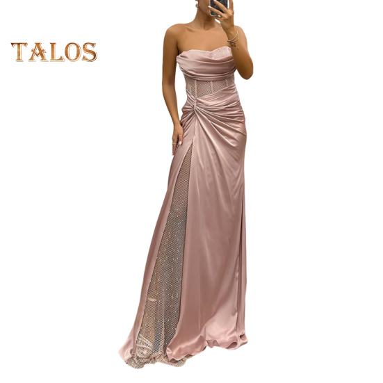 Vestido de noche para mujer, estilo bandeau, sin mangas, con hombros descubiertos, plisado, con nudo, de malla, con parches, brillante, con lentejuelas, vestido de baile de satén, largo hasta el suelo, para banquetes y fiestas de graduación