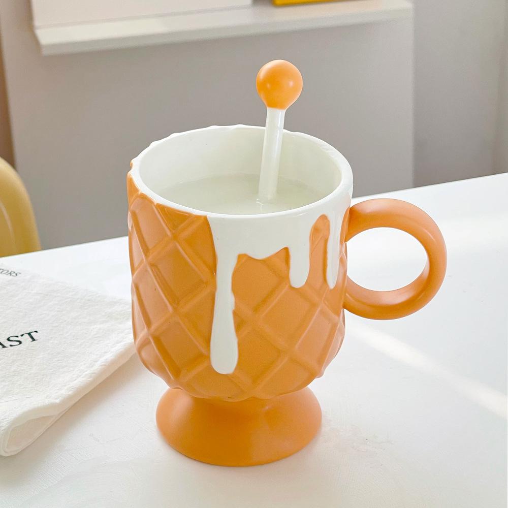 Cream Ice Cream Coffee Cup with Mixing Spoon Ceramic Cup Ins High Value Milk Cup for Girls Household Mug