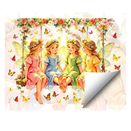 Fairy Window Sticker, Watercolor 4 Fairies Swing Window Cling, Colorful Flowers Butterflies Static Glass Decal for Kids Room Bedroom