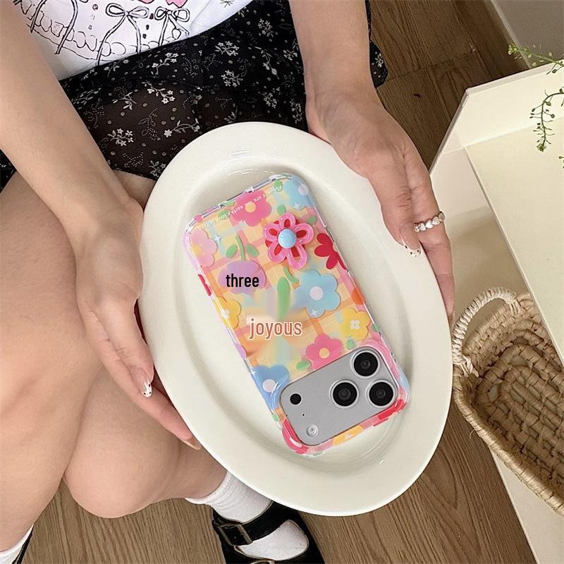 Colorful Plaid 3D Flower Case for iPhone 17, 16 Pro Max, and 15 Pro