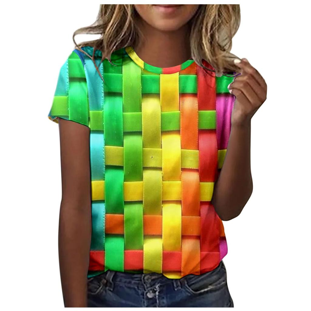 Women's 3D Printed Round Neck Short Sleeved T-shirt In Color