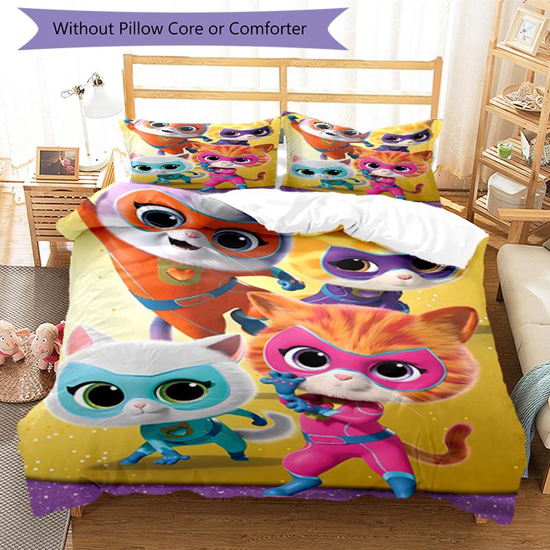 3pcs Super Kitties Adventures1 Design Cover Set - HD Printed Bedding with 1 Cover and 2 Pillowcases - Perfect for Home and Dorm Decor
