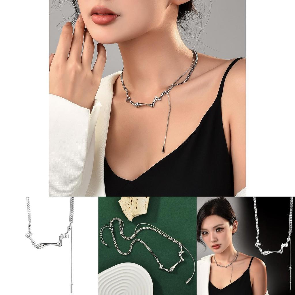 Elegant Polished Titanium Steel Layered Bone Style Necklace With Tassel Design For Fashionable Women