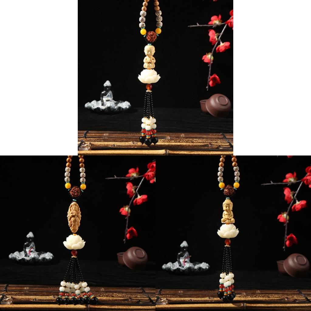 Style Car Hanging Ornament With White Lotus And Deity Symbols In Yellow Boxwood For Gift