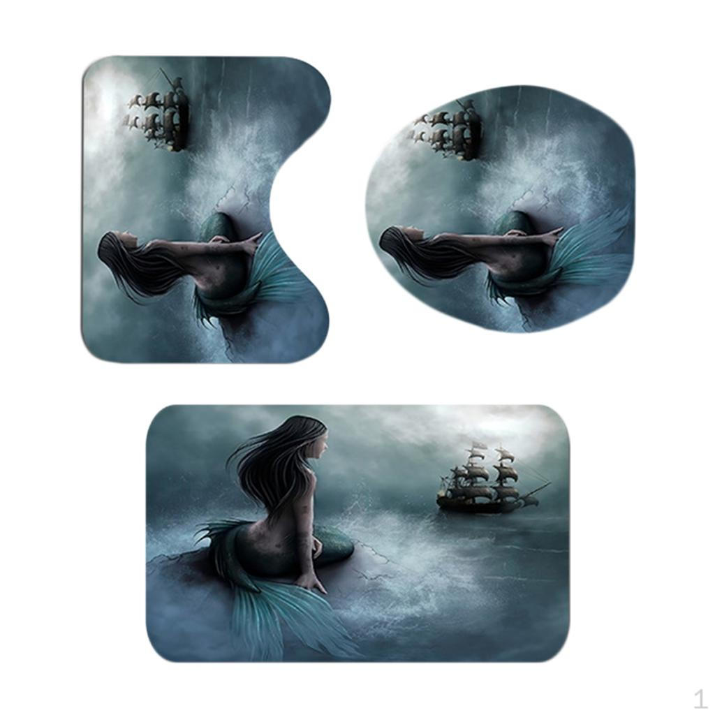 3 Pcs Bath Rug Set Shower Ensemble Mermaid Theme Toilet Lid Cover