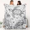 Flannel Turtle Plant Coloring Wind Pattern Blanket, Black And White Line English Annotation Style, Soft And Skin-Friendly Flannel Material, Suitable F