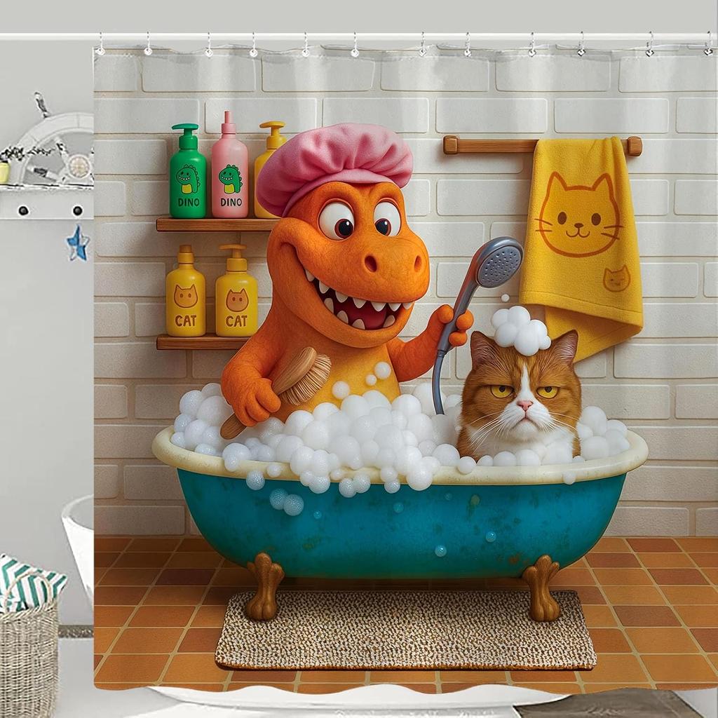 Artistic Cat Shower Curtain Set Iconic Wave Design Waterproof Bathroom Shower Curtain Japanese Art Style Print Bold Home Decor