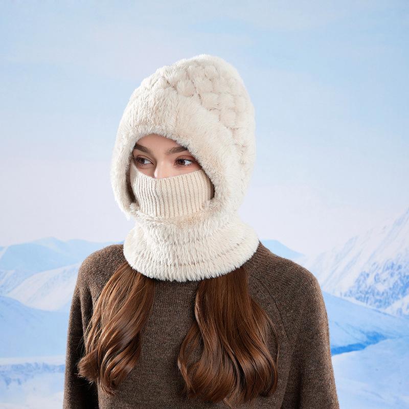 Winter Warm Pullover Hat Scarf Mask Integrated Hat Women's Outdoor Riding Fleece Ear Protection Knitted Wool Hat