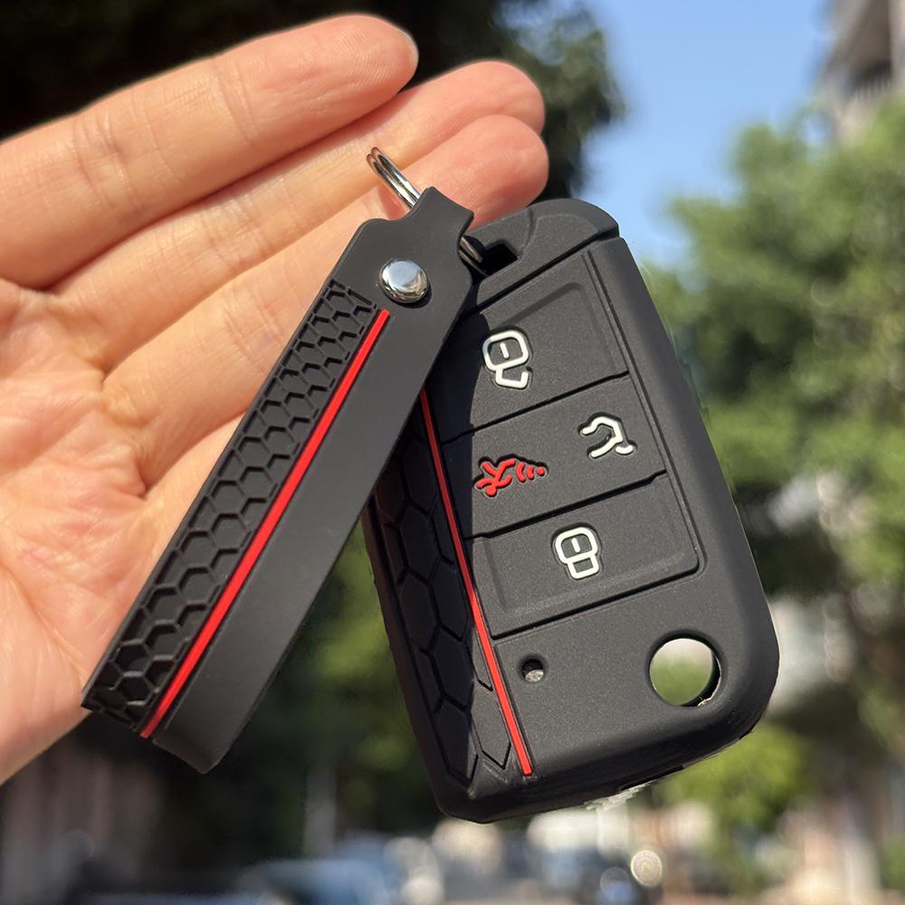 Silicone Key Fob Cover Fit For Volkswagen Vw Atlas Tiguan Golf Alltrack Sportwagen R Polo E-Golf Folding Flip 4 Buttons Key Fob
