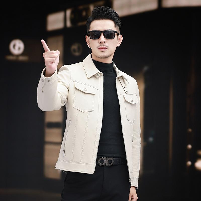 Autumn and Winter Men's Genuine Leather Jacket Korean Style Slim Jacket Fashionable Men's Clothing Can Be Added with Velvet
