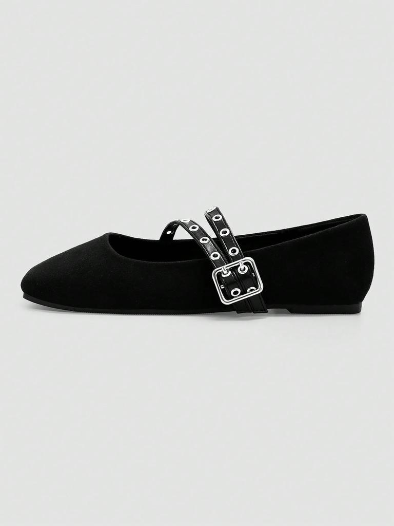 Black Double Buckle Strap Mary Jane Shoes, Retro Silver Ring Buckle Design