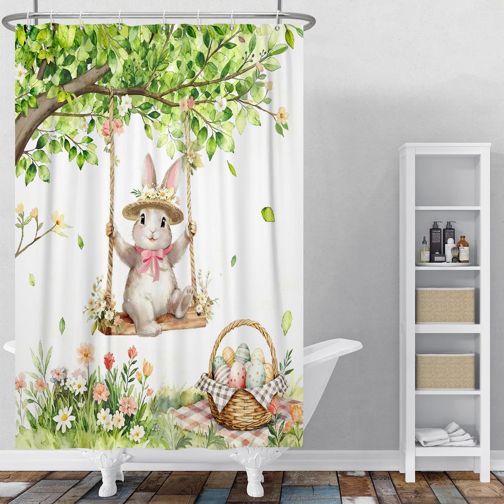 Waterproof Easter Theme Shower Curtain Bunny Easter Eggs Floral Basket Watercolor Check Pattern Design Spring Bathroom Decor