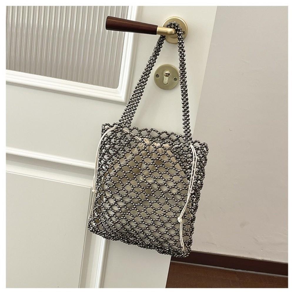 Hollow Out Design Pearl Beaded Tote Bag No Zipper with Inner Bag Square Handbag Beaded Texture Glittering Crystals PVC Beach Bag