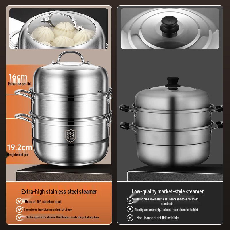 Three-Layer Multi-Functional 304 Stainless Steel Steamer Pot with Large Capacity for Steaming and Boiling