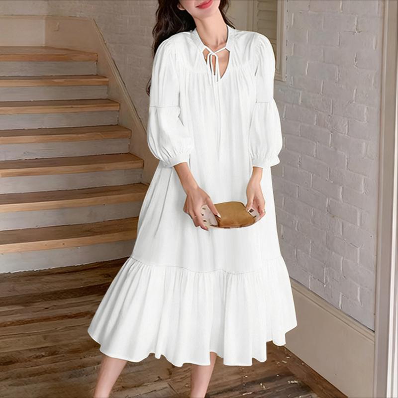 ZANZEA Rochie Casual de Damă cu Gât în V, Culoare Solidă, Largă, cu Mâneci 3/4