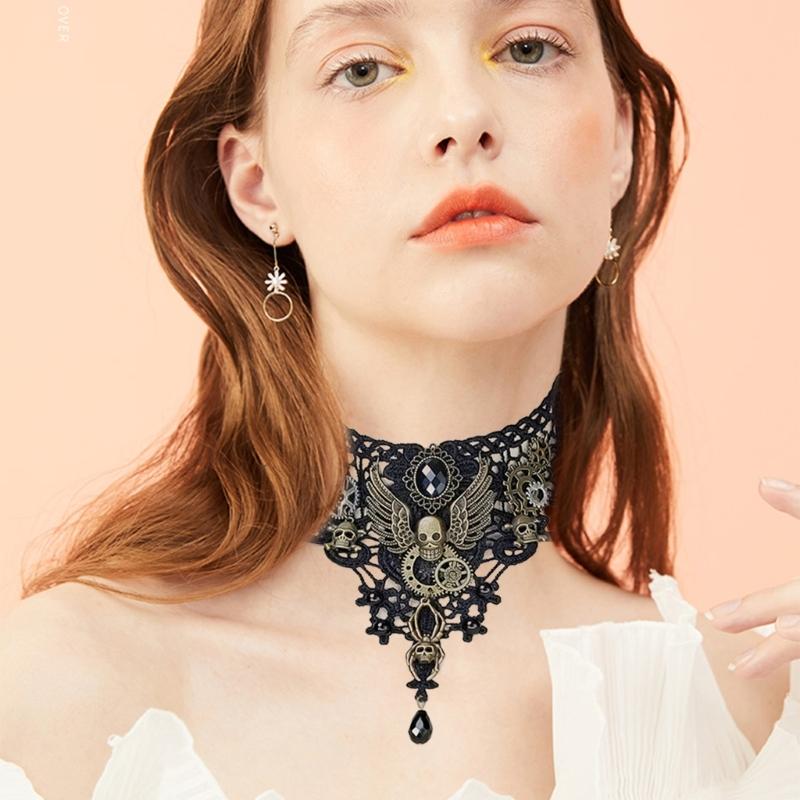 Gothic Lace Floral Choker for Women Choker Handmade Collar with Skull Gears Wing for Bachelorette Party Wedding