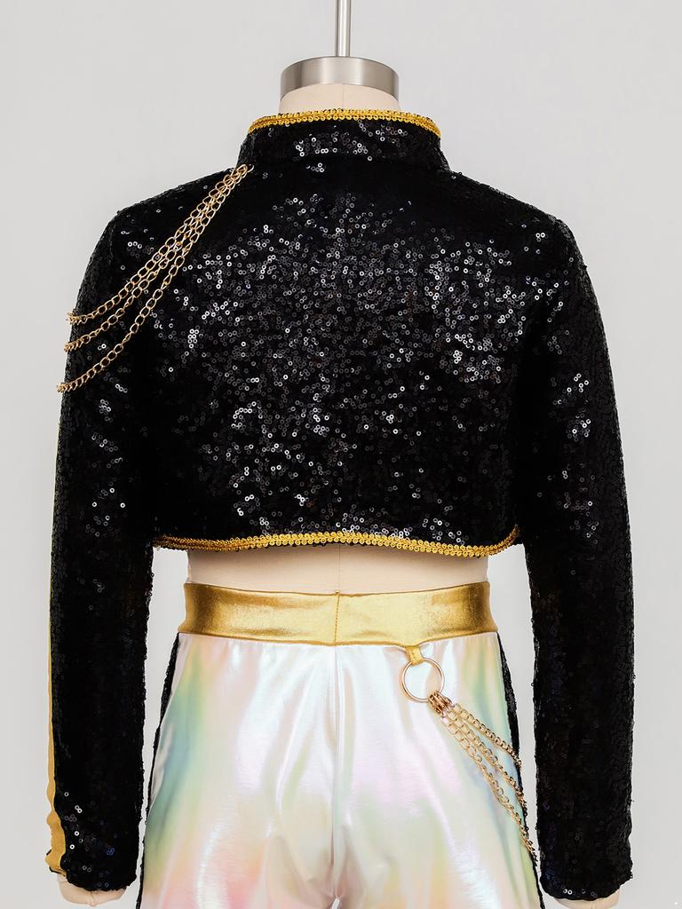 Mädchen Sängerin Cosplay Kostüm Langarm Stehkragen Geflochtene Borte Glänzende Pailletten Oberbekleidung