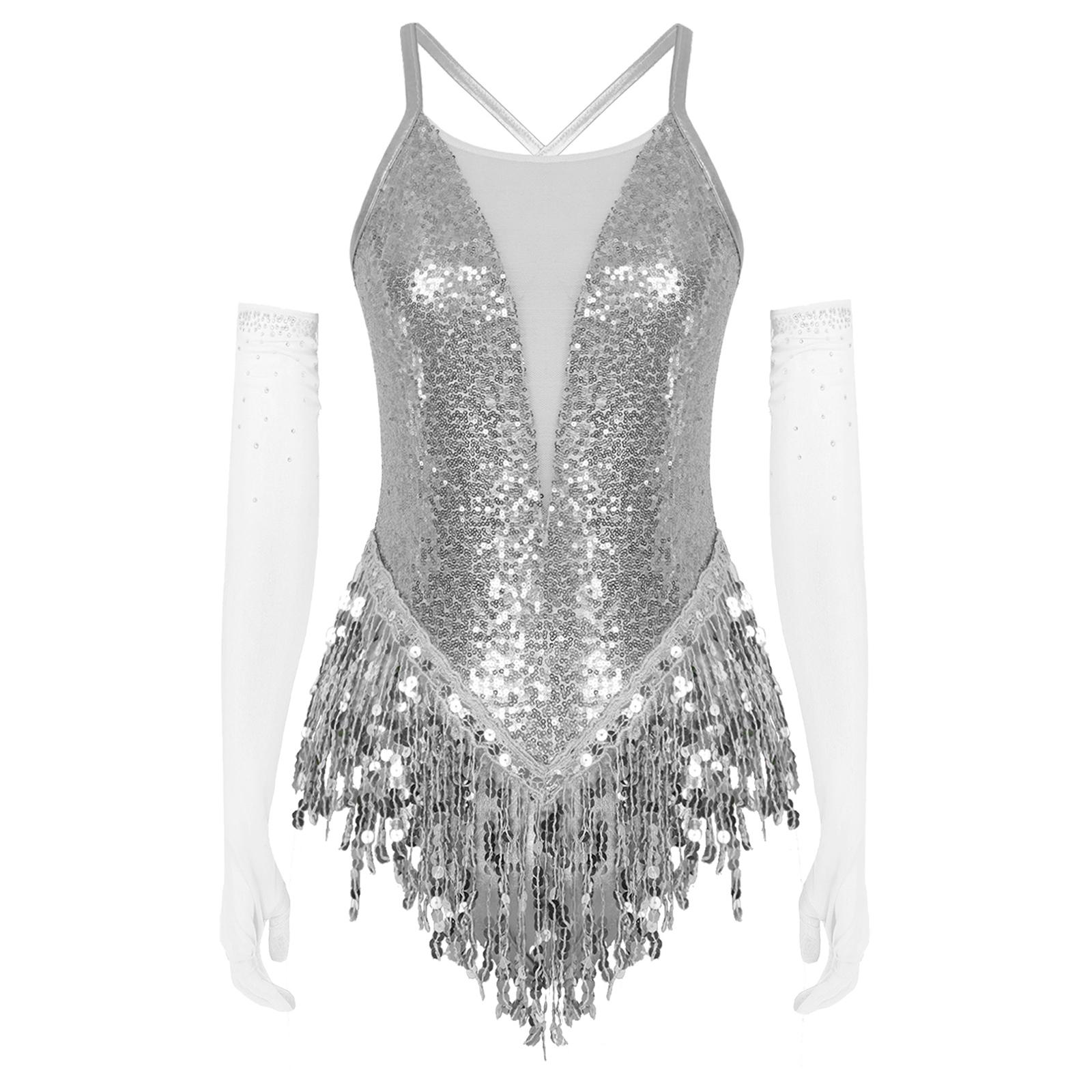 

Womens Latin Tango Rumba Cha Cha Costume Cross Back Sparkling Sequins Fringed Leotard with Gloves XXL срібний