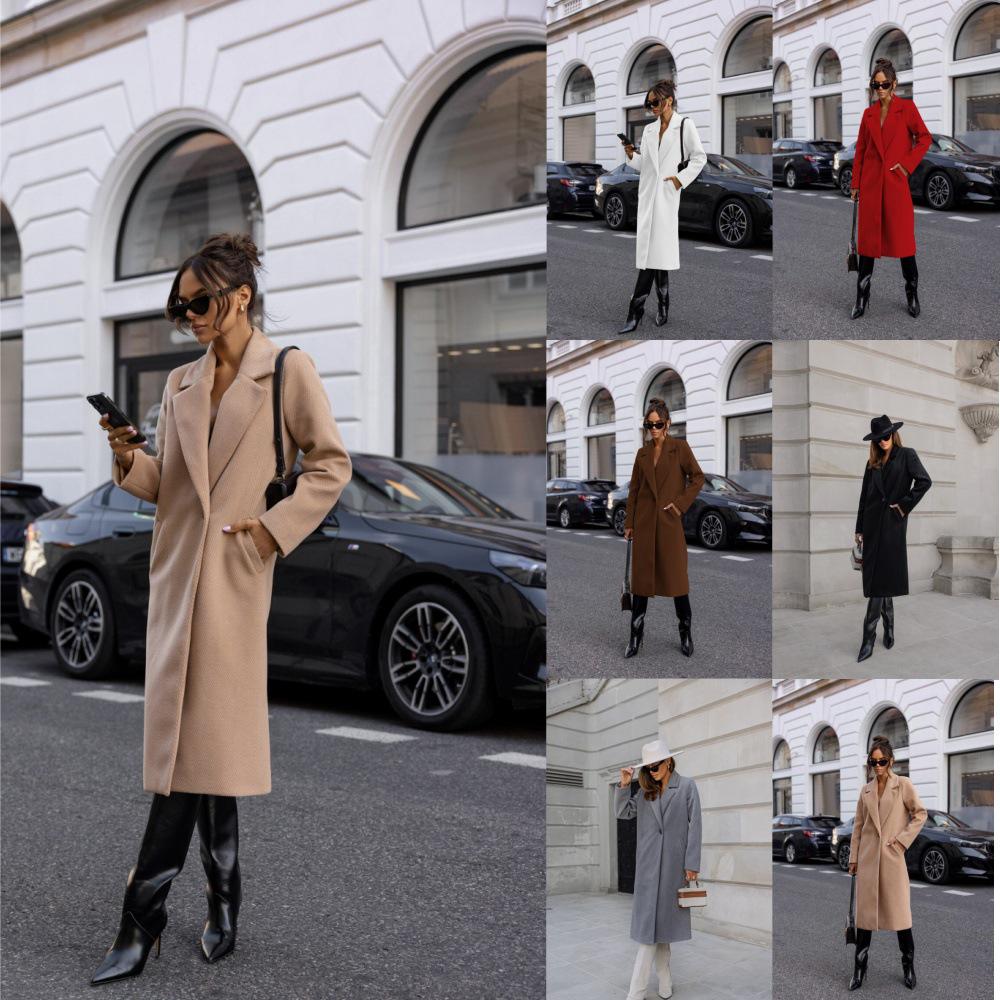 2024 Bestseller Women's Winter Simple Solid Long Sleeve Mid-Length Wool Coat