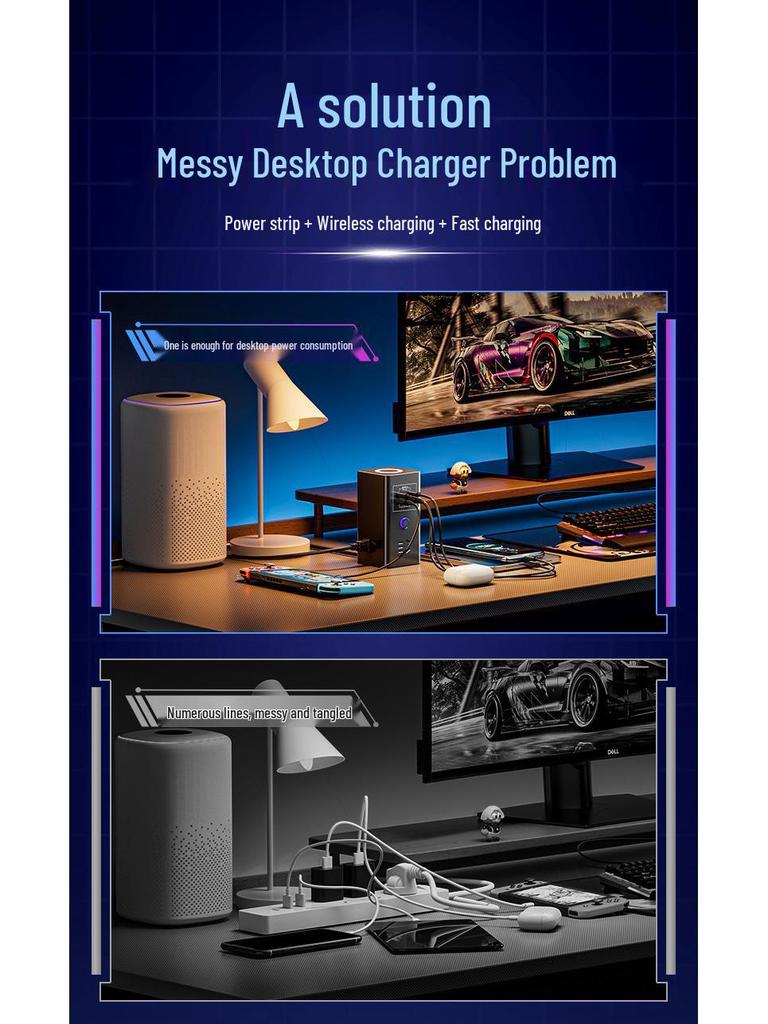 35W GaN Schnelllade-Steckdosenleiste mit USB & Kabellosem Desktop-Ladegerät