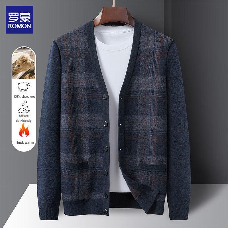 ROMON Men's 100% Merino Wool Plaid Thickened Cardigan