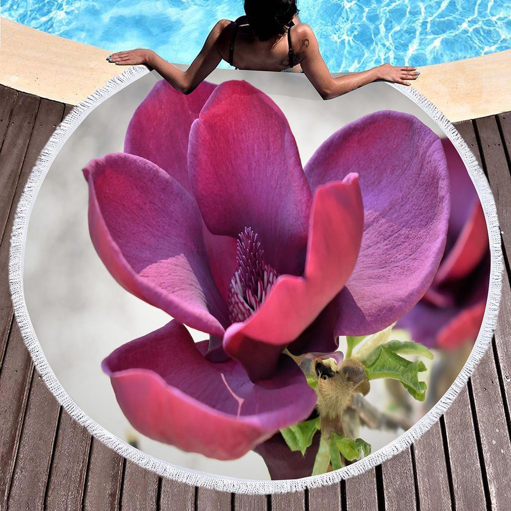 Fragrant Magnolia Flower Round Beach Towel,Soft Polyester Sand Resistant Beach Blanket,Absorbent Quick Dry Pool Towel Picnic Mat